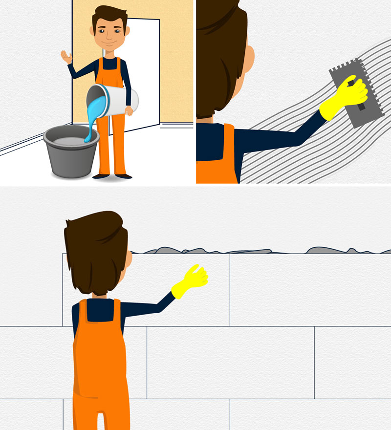 Anleitung zur Verarbeitung von Klimaplatten: Silikatkleber anrühren, aufziehen und Platten anbringen